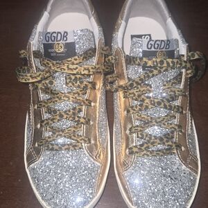 Golden Goose Silver Glitter Sneakers with Gold Panels and Leopard Laces